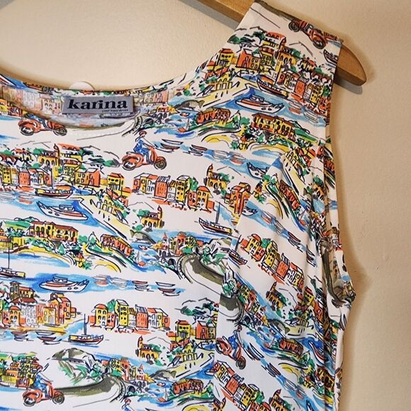 Vintage Karina Dress Italian Venice Scenic Print Vacation Boho Womens Large - Picture 5 of 16